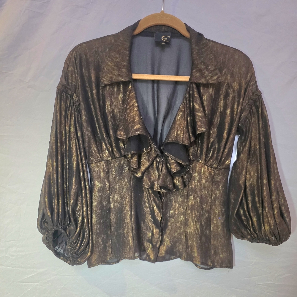 Just Cavalli Black and Bronze/ Gold Ruffle Blouse. Size IT40/ US 4
